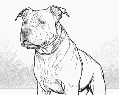 Розмальовка м’язистого пітбуля з нашийником і зморшкуватим лобом на тлі трави й кущів